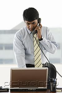 PictureIndia - business man standing, using laptop while on phone