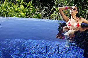 AsiaPix - Woman in red bikini, sitting in swimming pool, hand on head