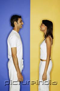 PictureIndia - Couple standing apart, face to face, side view