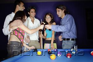 PictureIndia - Young adults standing around pool table, toasting with beer bottles