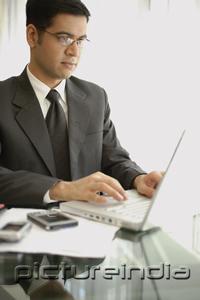 PictureIndia - Businessman sitting at table, using laptop