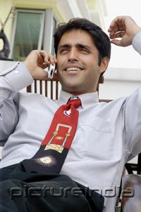 PictureIndia - Businessman using mobile phone, smiling