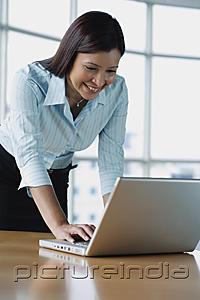 PictureIndia - Businesswoman using laptop, leaning on table